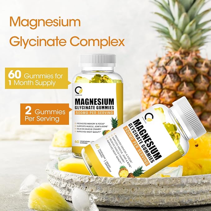 (2 Pack) Magnesium Glycinate Gummies 500mg, High-Absorption Magnesium Supplement with Calcium & Vitamins, Support Bone, Muscle, Night, Memory & Mood, Vegan, Non-GMO, 60 Counts, Pineapple Flavor