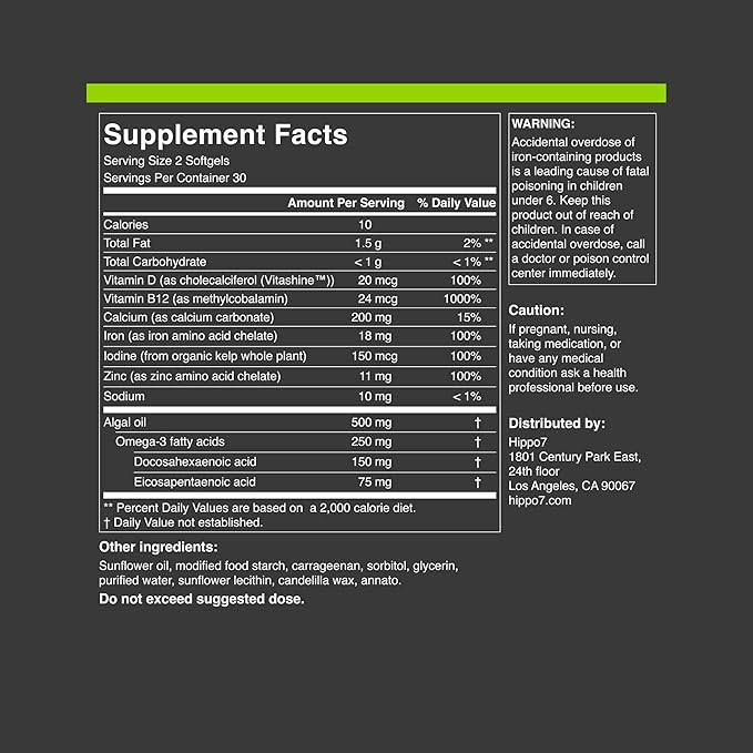 Vegan Complete Multivitamin Vitamin B12, Vitamin D, Omega-3 DHA+EPA, Calcium, Iodine, Zinc & Iron. (1 Bottle, 60 Softgels)-SeraviaPure