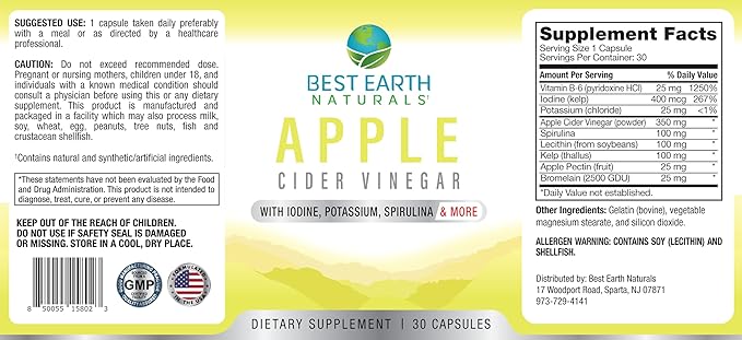 Best Earth Naturals Apple Cider Vinegar Complex with Iodine, Potassium, Spirulina and More 30 Count-SeraviaPure
