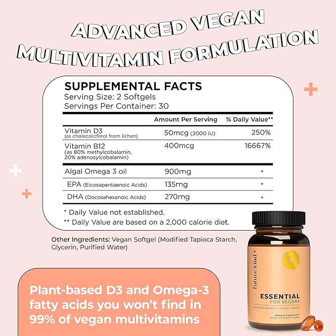 Future Kind Vegan Multivitamins - Glass Bottle & Made for Vegans w/Omega 3 DHA+EPA, Vitamin B12 & D3 - Vegan Vitamin for Energy, Focus, & Mood - Vegan Vitamins for Women & Men, 60 Tiny Softgels-SeraviaPure