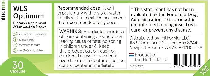 FitForMe One-a-Day Bariatric Multivitamin — After Weight-Loss Surgery (Gastric Sleeve) — Easy-to-Swallow WLS Optimum Capsule, 30 Count, 1-Month Supply