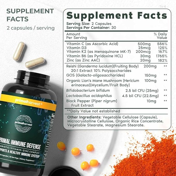 Primal Harvest Primal Immune Defense 10-in-1 Immune Defense Supplement: with 7 Billion CFU Probiotics, Zinc, Vitamins C, B6, D3, K2 - Immune Boosters for Adults 60 Capsules (1 Pack)-SeraviaPure