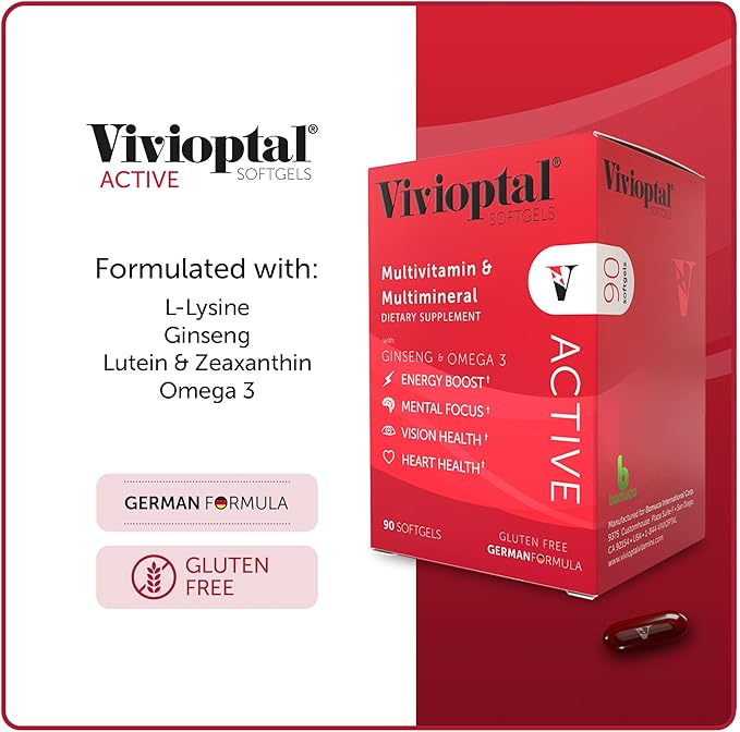 Vivioptal Active, 90 Softgels, Ginseng & Omega 3, Multivitamin & Multimineral, Gluten Free, German Formula-SeraviaPure