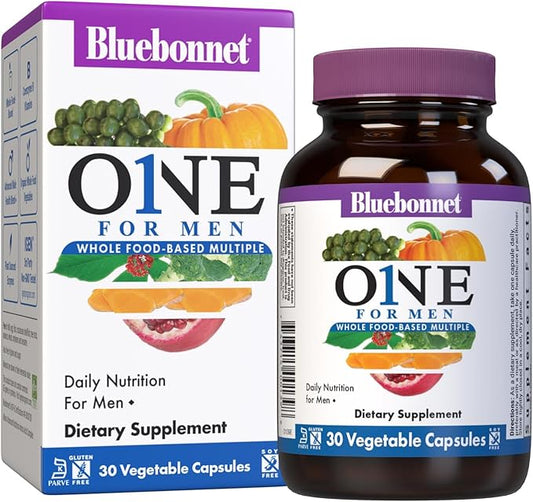Bluebonnet Nutrition One for Men Whole Food-Based Multiple, Daily Nutrition*, Non-GMO, Vegetarian Friendly, Kosher, Gluten-Free, Soy-Free, Dairy-Free, Iron Free, 30 Vegetable Capsules, 30 Servings-SeraviaPure
