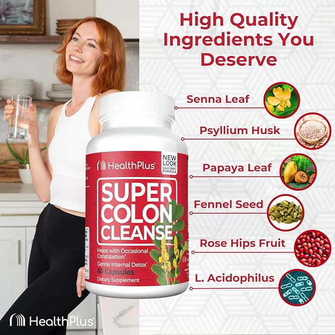 Health Plus Super Colon Cleanse 10 Day Gentle Gut Cleanse Detox, Psyllium Husk, Probiotics for Constipation Relief & Digestive Support, 60 Capsules-SeraviaPure