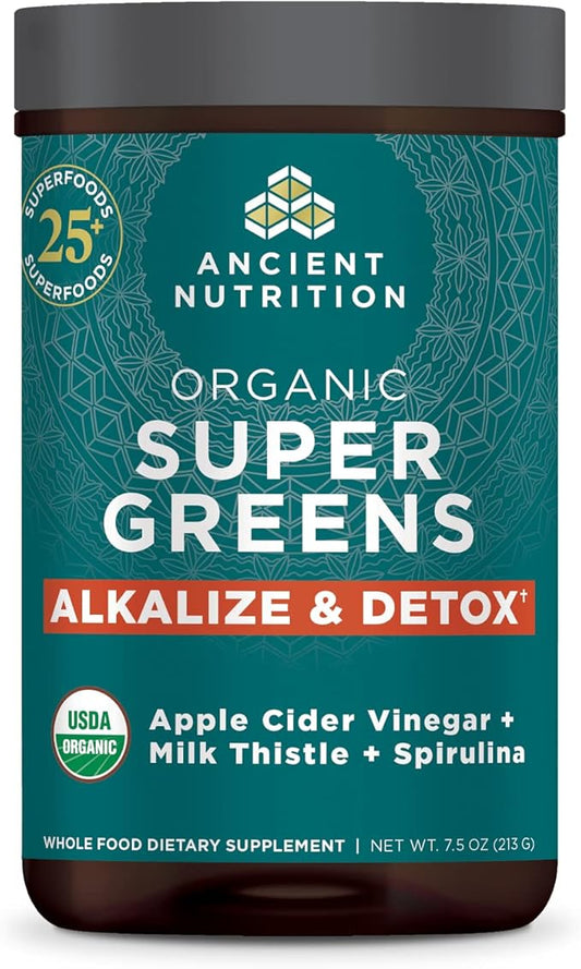 Supergreens Alkalize & Detox Powder by Ancient Nutrition, Organic Superfood Powder Made from Real Fruits, Vegetables and Herbs, for Digestive and Energy Support, 25 Servings, 7.5oz-SeraviaPure