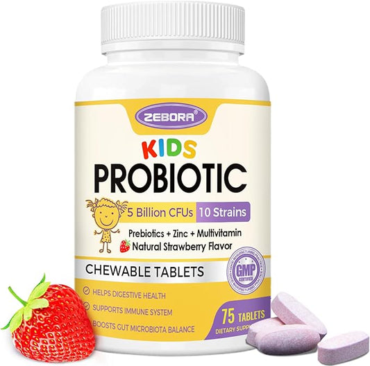 Kids Probiotic Chewables for Digestive Health with 5 Billion CFUs, Prebiotics and Probiotics for Kids for Gut Health, Immune Support, Nutrient Absorb, Vitamin C, Zinc, 75 Servings, Strawberry Flavor