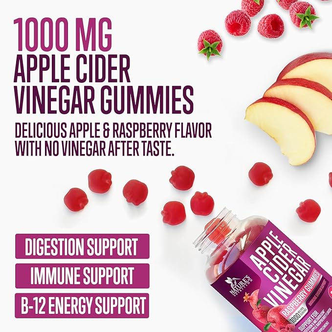 Vegan Apple Cider Vinegar Gummies 1000mg for Detox & Cleanse, ACV Gummy Vitamin B12 for Digestion Metabolism & Immune Health Support, Natural Apple Raspberry Flavor, Gluten Free - 120 Gummies-SeraviaPure