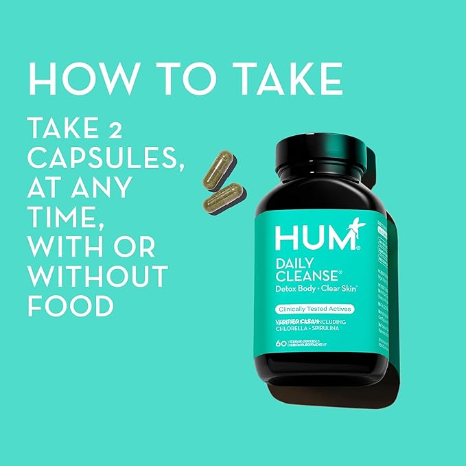 HUM Daily Cleanse Acne Supplement - Gut Cleanse Detox for Clear Skin with Organic Algae, Detoxifying Herbs, Zinc & Spirulina | Clear Skin Supplement (60 Capsules)-SeraviaPure