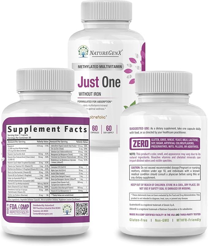 Just One Daily Methylated Multivitamin - 60 Caps Pure Methyl B12, Methylfolate MTHFR Support Supplement Iron Free Methylated Vitamins for Men & Women 2 Months Supply Gluten Free-SeraviaPure