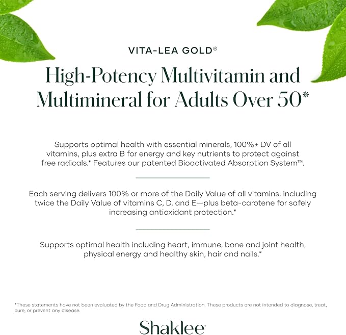 Shaklee Vita-Lea Gold® with Vitamin K for Adults Over 50 - High-Potency Formula for Heart, Immune, Bone, and Joint Health - Supports Physical Energy & Healthy Aging - Essential Vitamins - 120 Tablets-SeraviaPure