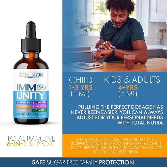 Total Immune 6-in-1 Liquid Multivitamin Supplement | 100% Daily Zinc, Vitamin D3, Vitamin C Immunity Drops Vitamin Liquid | Elderberry, Echinacea, Ginger Support for Adults & Kids | 4 oz Passion Fruit-SeraviaPure