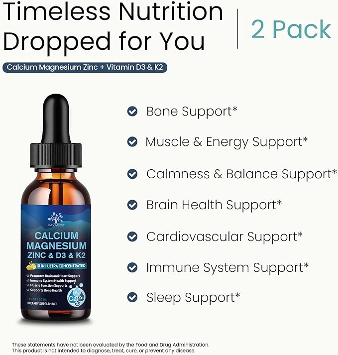 (2 Pack) 10 in 1 Magnesium Calcium Zinc Supplement with Vitamin C D3 K2, Glycinate Mag Vegan Liquid Drops Plus L-Theanine Boron Sea Moss Extract, Immune Support, Bone, Sleep & Leg Cramps, 1 Fl Oz-SeraviaPure