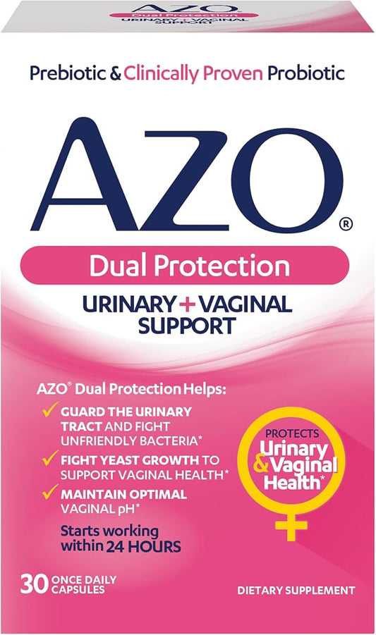 AZO Dual Protection, Urinary + Vaginal Support, Prebiotics and Probiotics for Women*, Starts Working Within 24 Hours, Non-GMO, 30 Count-SeraviaPure