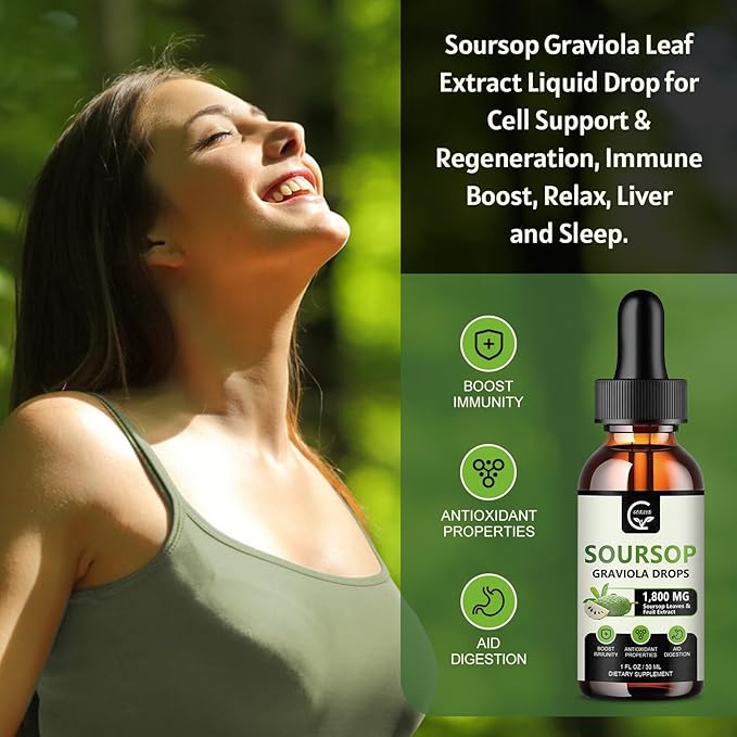 (2 Pack) Soursop Graviola Liquid Drops 1800mg, 98% Absorption Soursop Bitters Liquid for Cell Support & Regeneration, Immune Boost, Relax, Liver and Sleep, Herbal Goodness, Gluten Free, 1 Fl Oz-SeraviaPure