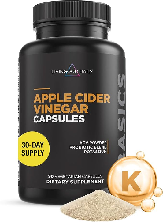 Livingood Daily Apple Cider Vinegar Capsules with The Mother (1500mg) - ACV Pills with Probiotics & Potassium for Women & Men - Supports Gut Health, Digestion, Appetite & Weight - Vegan, 90 Capsules-SeraviaPure
