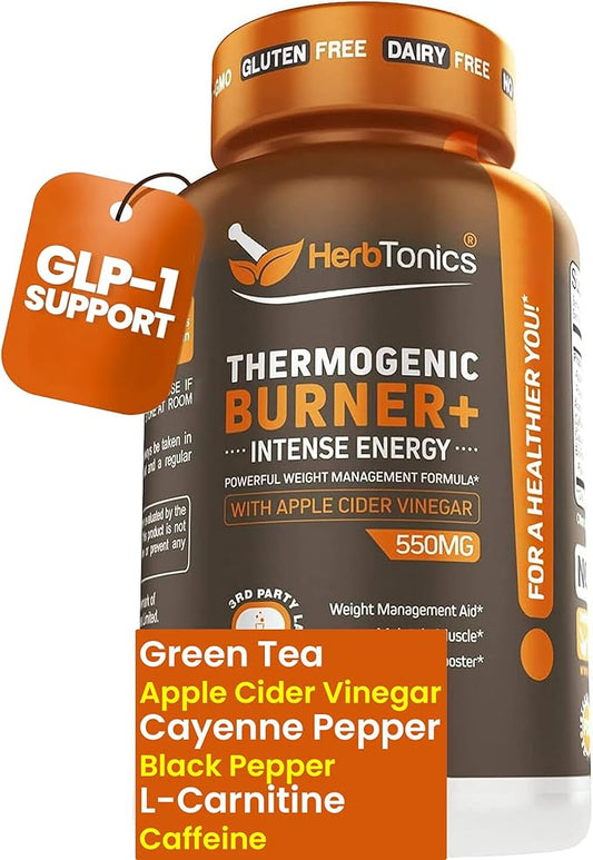 Herbtonics Thermogenic Supplement | Metabolic Health & GLP-1 Support for Men & Women | Clean Energy & Mental Focus | ACV, Green Tea Extract & Caffeine | 60 Veg Capsules-SeraviaPure
