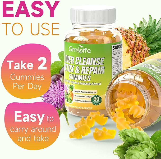 Liver Cleanse Detox & Repair Gummies with Milk Thistle 3000mg, 24-in-1 Liver Health Supplement with Dandelion, Artichoke, Sugar Free Liver Detox Gummies, Pineapple Flavor - 60 Count-SeraviaPure