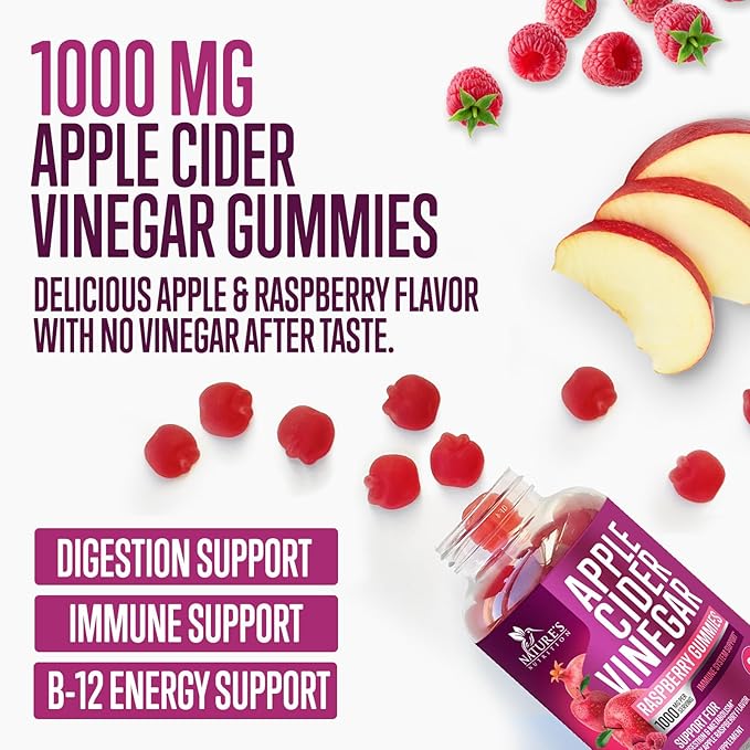 Vegan Apple Cider Vinegar Gummies 1000mg for Detox & Cleanse, ACV Gummy Vitamin B12 for Digestion Metabolism & Immune Health Support, Natural Apple Raspberry Flavor, Gluten Free - 60 Gummies-SeraviaPure