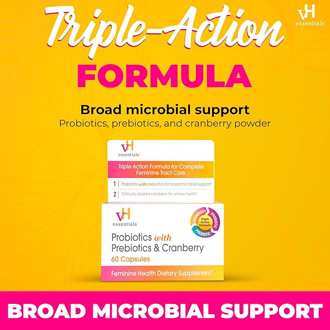 vH Essentials Probiotics for Women with Prebiotics, Cranberry & Vitamin C - 60 Capsules (30 Day Supply) - Vaginal Probiotics Support Gut Balance, Vaginal Health & Urinary Tract Health for Women-SeraviaPure