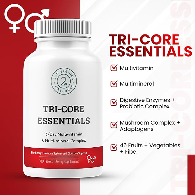 Tri-Core Essentials - 3 A Day Comprehensive Multivitamin Multimineral Complex with Probiotics, Prebiotics, Digestive Enzymes, Mushrooms, Adaptogens, and 45 Fruits and Vegetables - 180 Tablets-SeraviaPure