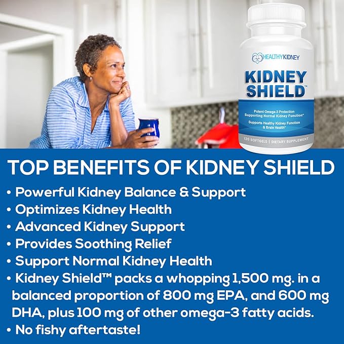 Kidney Shield Omega 3 Fish Oil Supplements - DHA EPA Omega 3 Supplement for Women & Men Kidney Health - Omega3 to Support Normal Kidney Function & Kidney Cleanse Detox & Repair - 120 Lemon Softgels-SeraviaPure