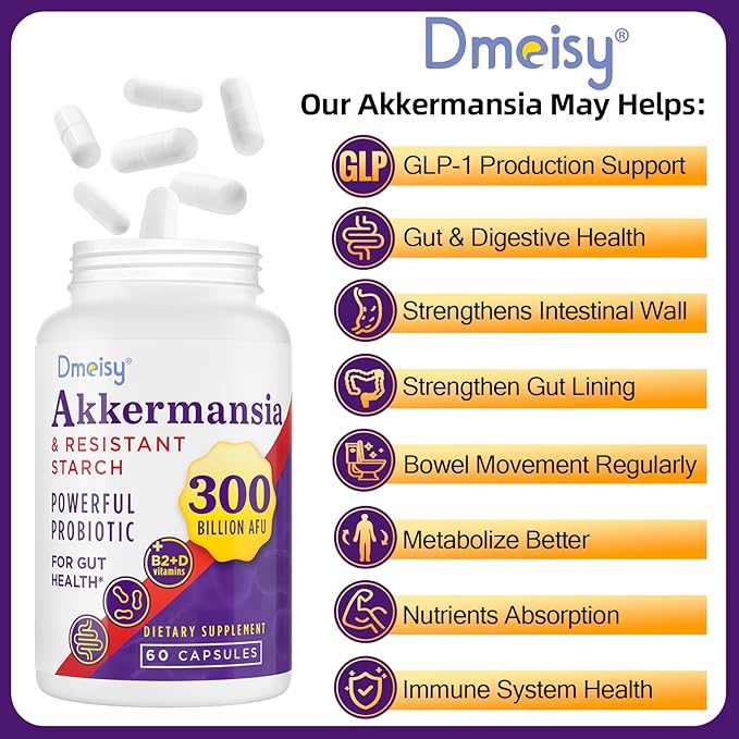 GLP-1 Supplement - 300 Billion AFU Akkermansia Muciniphila, Akkermansia Probiotic for Women & Men, for Boost GLP-1, Digestive, Gut, Immunity, Enhances Gut Lining Function & Intestinal Walls, 60 Count-SeraviaPure