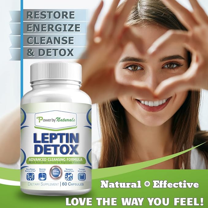 Power By Naturals Leptin Detox Cleanse for Reduce Weight - Natural Gut & Colon Cleanser, 1532mg, Acai Berry Cleanse for Men & Women, 60 Capsules, USA-Made-SeraviaPure