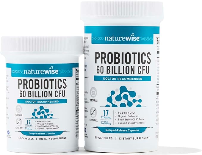 NatureWise Probiotics 60 Billion CFU - 17 Strains + Organic Prebiotics - Immune, Digestive & Gut Health Support for Women & Men - Vegetarian, Gluten-Free, Non-GMO - 30 Capsules[1-Month Supply]-SeraviaPure