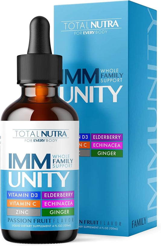 Total Immune 6-in-1 Liquid Multivitamin Supplement | 100% Daily Zinc, Vitamin D3, Vitamin C Immunity Drops Vitamin Liquid | Elderberry, Echinacea, Ginger Support for Adults & Kids | 4 oz Passion Fruit-SeraviaPure