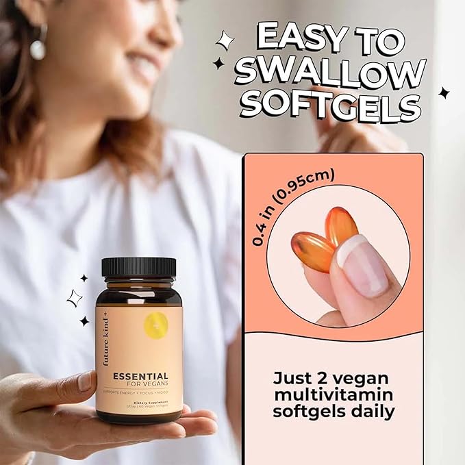 Future Kind Vegan Multivitamins - Glass Bottle & Made for Vegans w/Omega 3 DHA+EPA, Vitamin B12 & D3 - Vegan Vitamin for Energy, Focus, & Mood - Vegan Vitamins for Women & Men, 60 Tiny Softgels-SeraviaPure