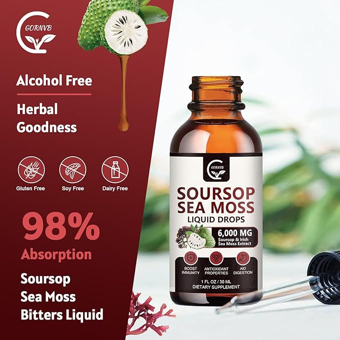 (2 Pack) Soursop Graviola Liquid Drop, Soursop Multivitamin Liquid with Sea Moss & Turmeric, 98% Absorption Soursop Bitters Liquid for Cell Support & Regeneration, Immune Boost and Liver, 1 Fl Oz-SeraviaPure