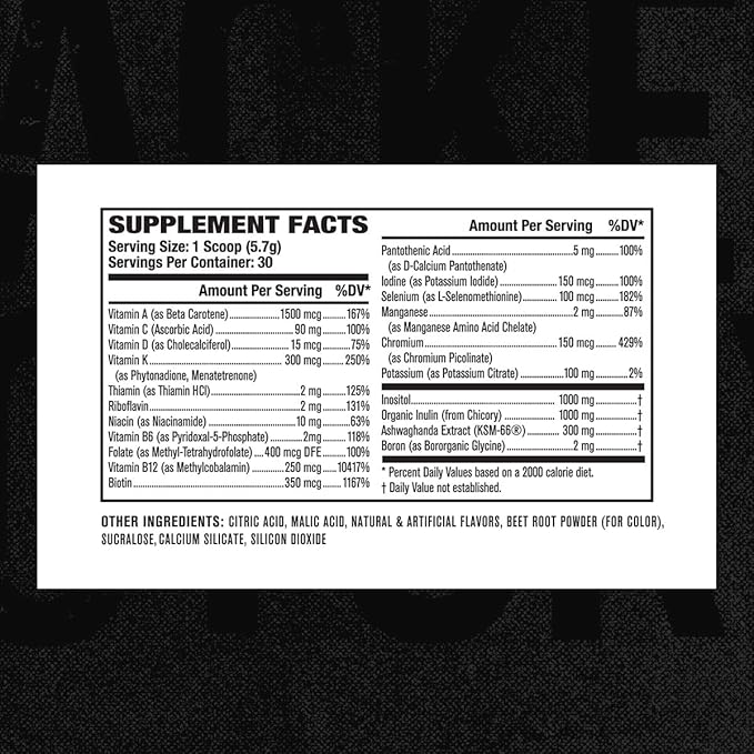 Jacked Factory Vita XT Performance Vitamin Powder - Daily Multivitamin Powder for Men with KSM-66 Ashwagandha, Prebiotic Fiber, Vitamin A, C, D, K, B6, B12, & More - Fruit Punch, 30Sv-SeraviaPure