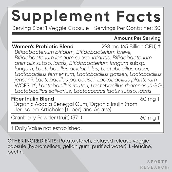 Sports Research Women's Probiotics with Prebiotics, 65 Billion CFU - Vegan Capsules for Gut Health & Digestive Support, Probiotics for Women with Cranberry - Non-GMO Verified & Gluten Free - 30 Count-SeraviaPure