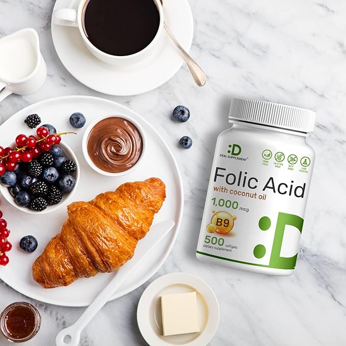 DEAL SUPPLEMENT Folic Acid 1000 mcg (1 mg), 500 Coconut Oil Softgels | Bioavailable Prenatal Vitamins (Vitamin B9) – 1,667 mcg DFE – Easy to Swallow, Non-GMO, & No Gluten-SeraviaPure