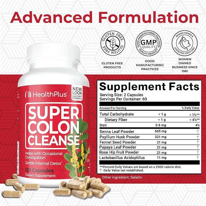 Health Plus Super Colon Cleanse 10 Day Gentle Gut Cleanse Detox, Psyllium Husk, Probiotics for Constipation Relief & Digestive Support, 120 Capsules-SeraviaPure