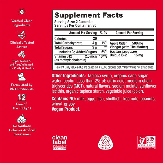 HUM Pro ACV Gummies -100% Organic Apple Cider Vinegar with The Mother, Probiotics for Digestive Health & B12 for Metabolism Support (60 Count)-SeraviaPure