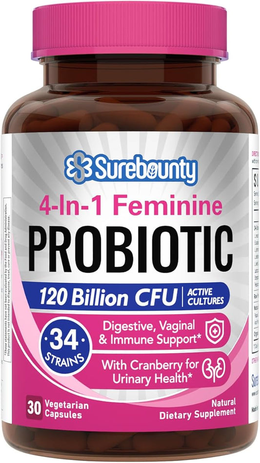 Probiotics for Women, 120 Billion CFU 34 Strains, Prebiotics, Digestive Enzymes, Cranberry, 4-in-1 Feminine Probiotic, Digestive, Vaginal, Immune Support, 30ct-SeraviaPure