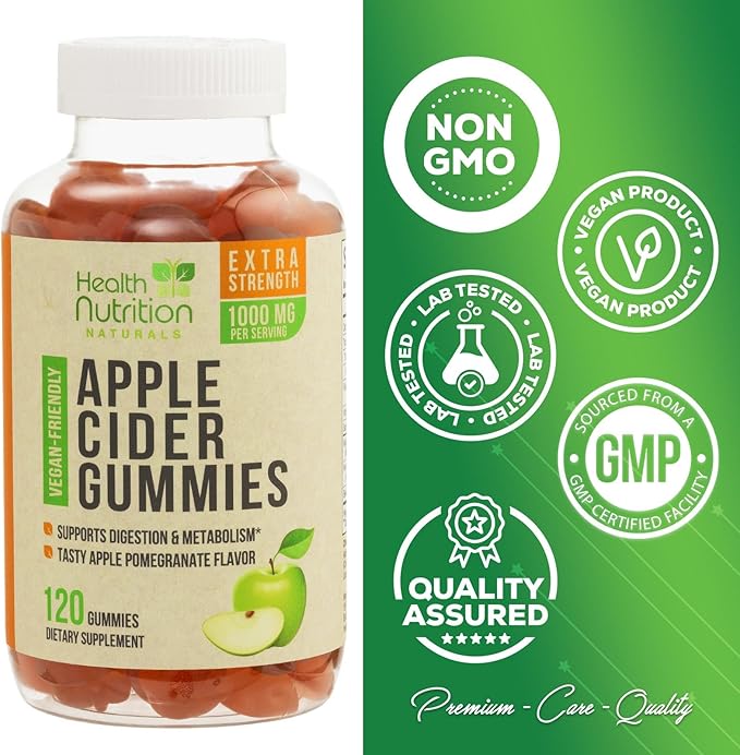 Vegan Apple Cider Vinegar Gummies | Max Strength 1000mg | ACV Supplement Gummy Vitamins for Adults, Supports Digestion, Metabolism, Natural Apple Flavor with Mother, Gluten Free, Non-GMO - 120 Gummies-SeraviaPure