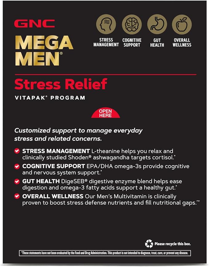GNC Mega Men Stress Relief Vitapak, Stress & Cortisol Management, 30 Count-SeraviaPure