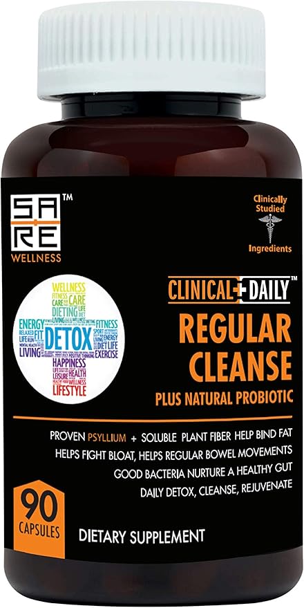 Clinical Daily Regular Cleanse. Natural Colon Cleanser & Detox for Energy and Constipation Relief. 90 Herbal Dietary Fiber Pills - Psyllium Husk Powder Capsules with Glucomannan, Aloe, PROBIOTICS-SeraviaPure