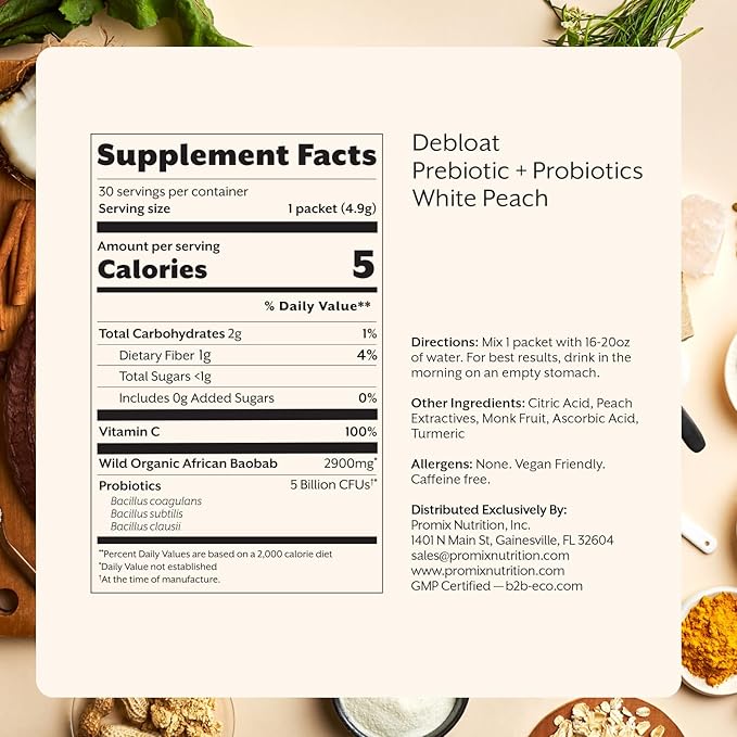 Promix Debloat Prebiotics and Probiotics for Digestive Health, Bloating Relief, Gut Health, Candida Cleanse - White Peach - 30 Count-SeraviaPure