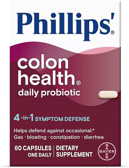 Phillips' Colon Health Daily Probiotic Capsules, 4-in-1 Symptom Defense to help defend against Occasional Gas, Bloating, Constipation, and Diarrhea, Daily Supplement, 60 Count-SeraviaPure