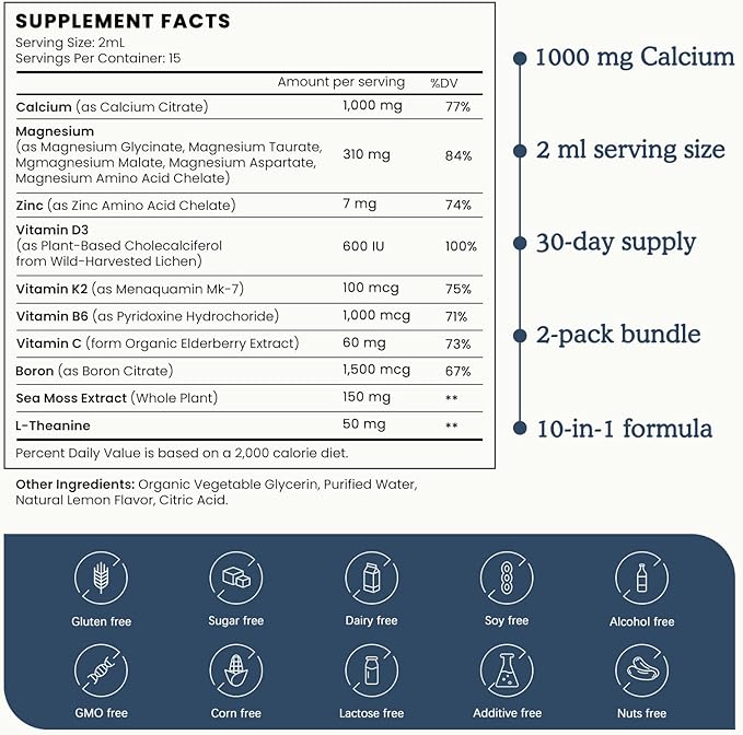 (2 Pack) 10 in 1 Magnesium Calcium Zinc Supplement with Vitamin C D3 K2, Glycinate Mag Vegan Liquid Drops Plus L-Theanine Boron Sea Moss Extract, Immune Support, Bone, Sleep & Leg Cramps, 1 Fl Oz-SeraviaPure