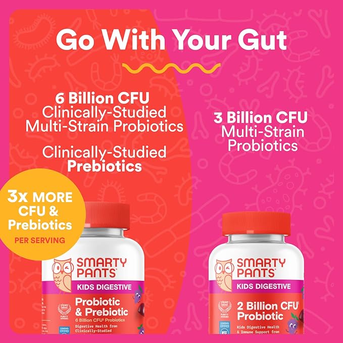 SmartyPants Kids Probiotic & Prebiotic Gummies for Digestive Health: Gut Health Supplement, Clinically Studied Prebiotic for Immune Support, Grape, 60 Count (30 Day Supply)-SeraviaPure