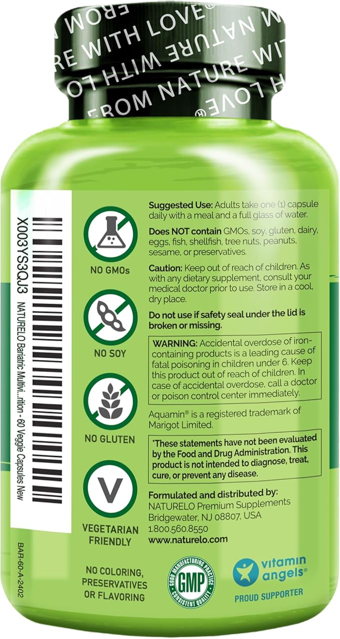 NATURELO Bariatric Multivitamin - One Daily with Iron - Supplement for Post Gastric Bypass Surgery Patients - Natural Whole Food Nutrition - 60 Veggie Capsules-SeraviaPure