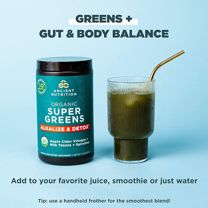 Supergreens Alkalize & Detox Powder by Ancient Nutrition, Organic Superfood Powder Made from Real Fruits, Vegetables and Herbs, for Digestive and Energy Support, 25 Servings, 7.5oz-SeraviaPure