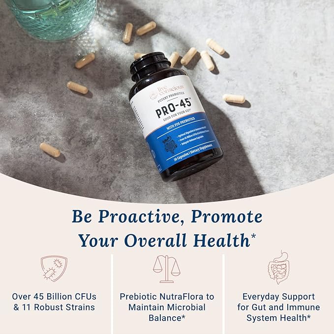 Live Conscious PRO45 Probiotics for Women & Men: Comprehensive Formula, 45 Billion CFU, 11 Strains, Dairy Free - w/Prebiotics and Probiotics - Promotes Immune & Gut Health - 30 Veggie Caps-SeraviaPure