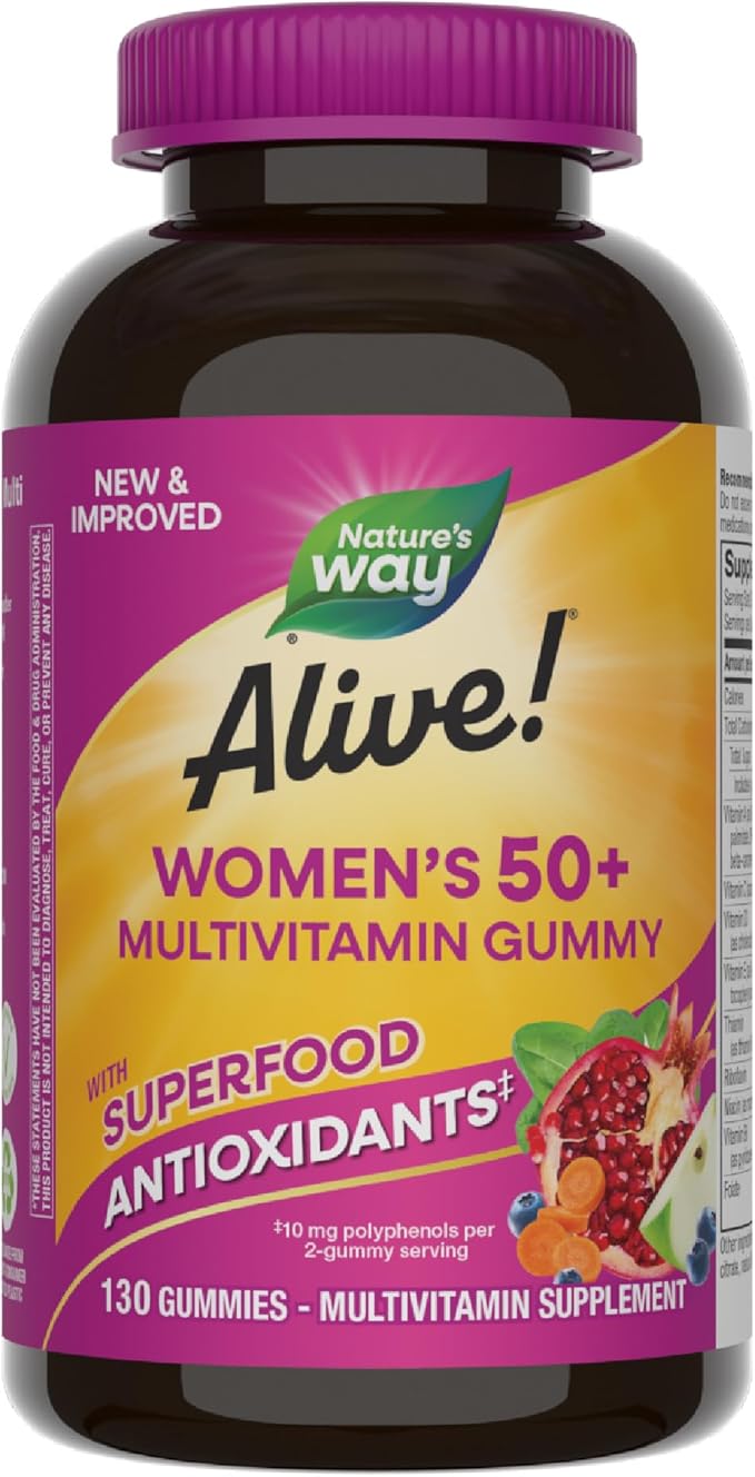 Nature's Way Alive! Women’s 50+ Daily Gummy Multivitamins, Supports Multiple Body Systems*, Supports Healthy Heart, Brain & Bones,* B-Vitamins, Mixed Berry Flavored, 130 Gummies (Packaging May Vary)-SeraviaPure