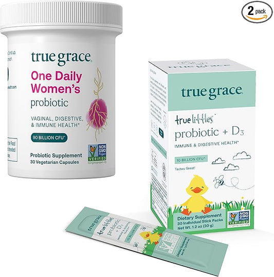 True Grace One Daily Women's Probiotic (30 Vegetarian Tablets) + True Littles Probiotic + D3 (30 Individual Stick Packs)-SeraviaPure